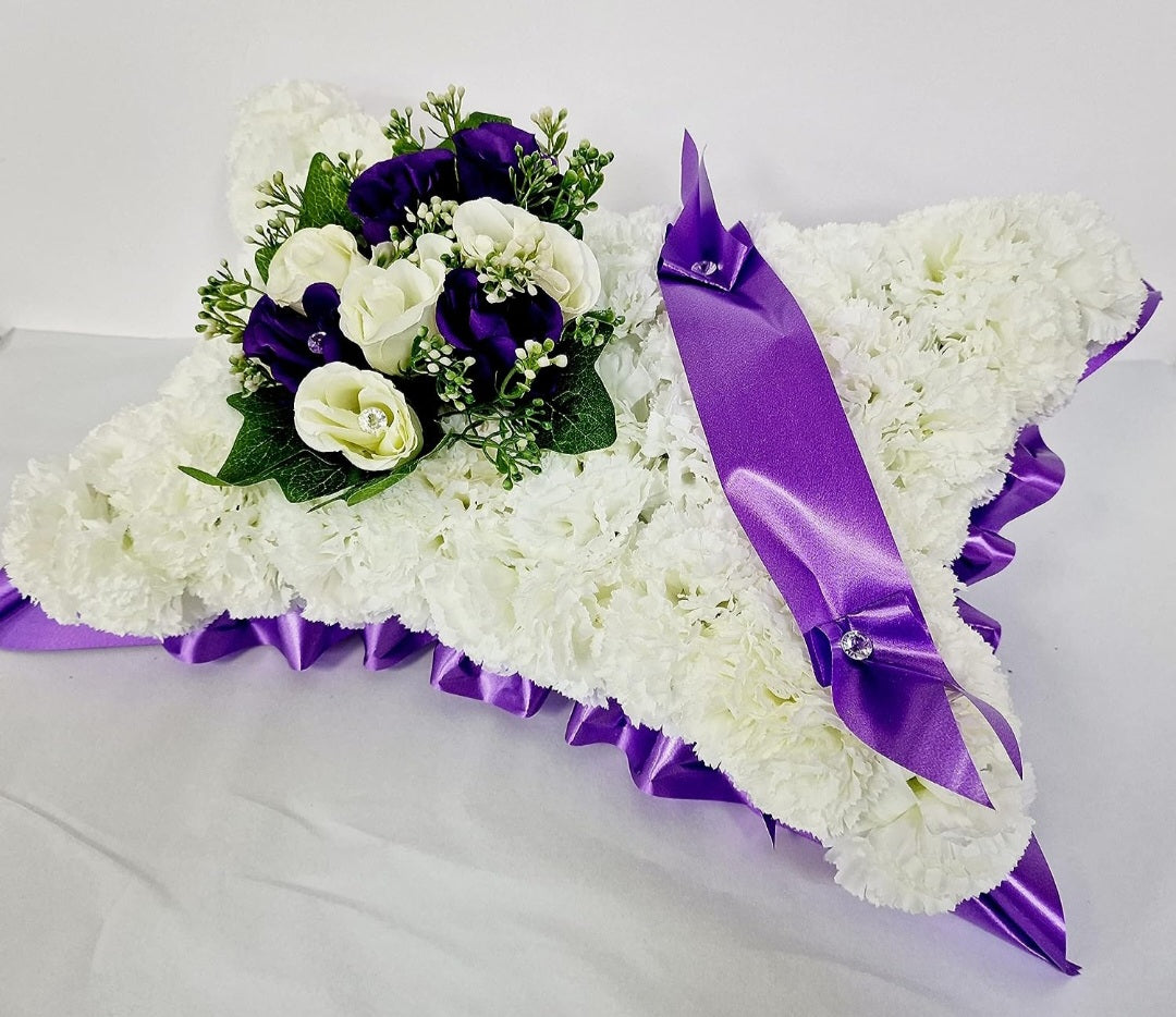 Artificial Silk Pillow Funeral Flowers - Purple and Ivory