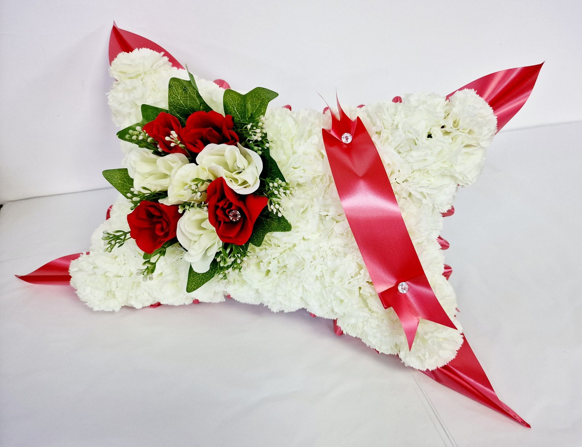 Artificial Silk Pillow Funeral Flowers - Red and Ivory