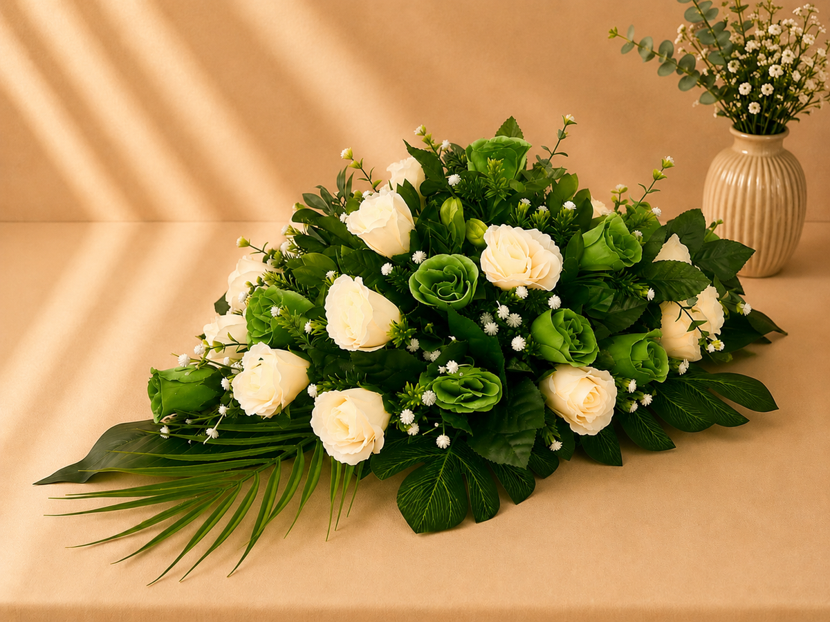 Coffin Spray - Green and Ivory Roses