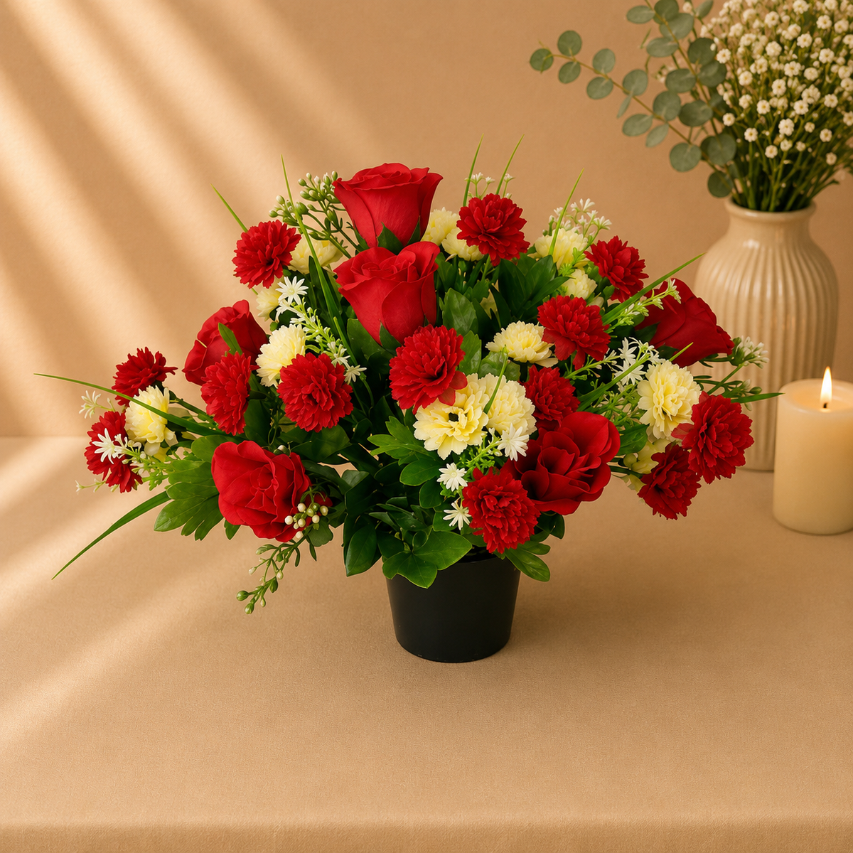 Grave Pot - Red Chrysanthemuns and Red Roses