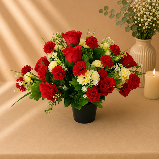 Grave Pot - Red Chrysanthemuns and Red Roses