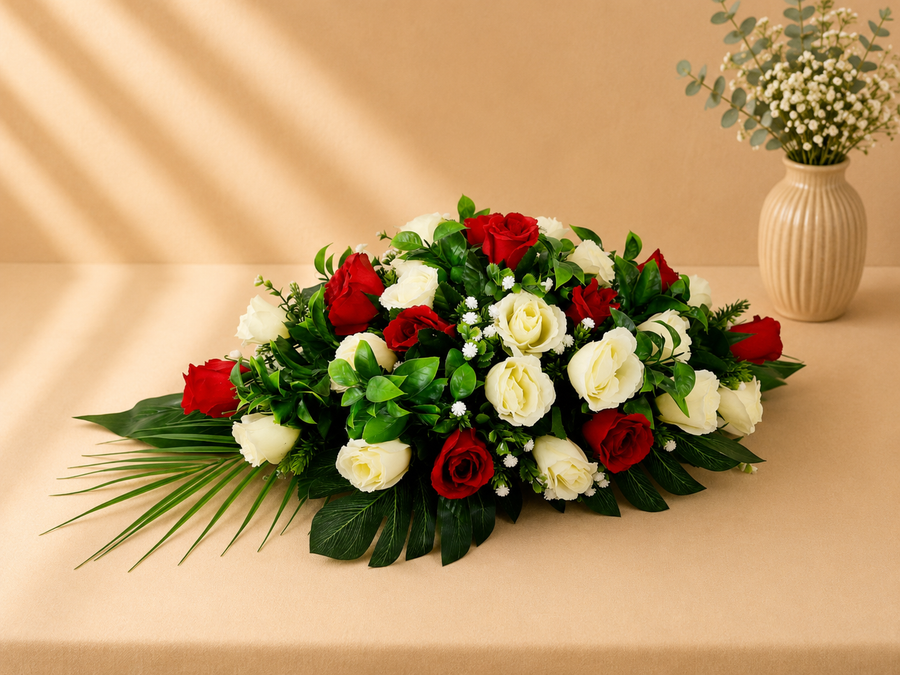 Coffin Spray - Red and Ivory Roses