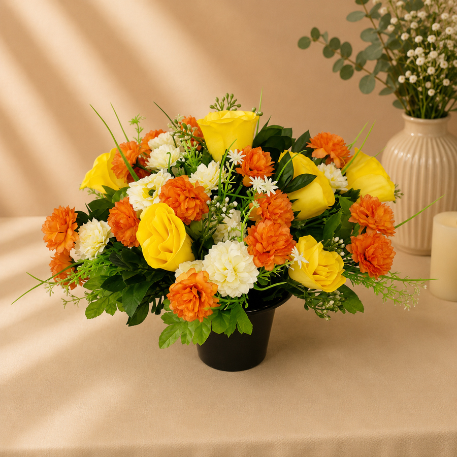 Grave Pot - Orange Chrysanthemuns and Yellow Roses