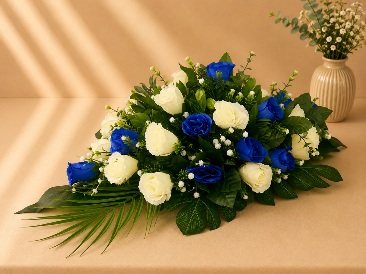 Coffin Spray - Royal Blue and Ivory Roses