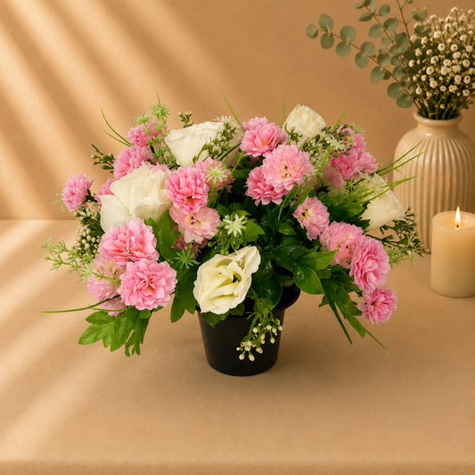 Grave Pot - Pink Chrysanthemuns and Pink Roses