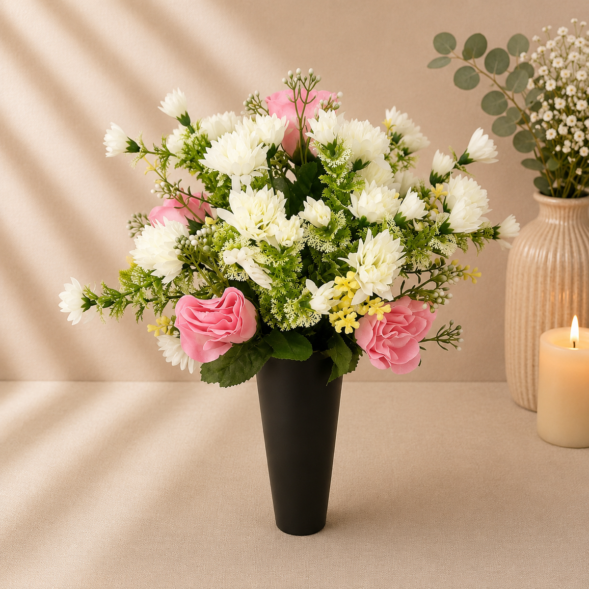 Grave Spike - Ivory Chrysanthemuns and Pink Roses