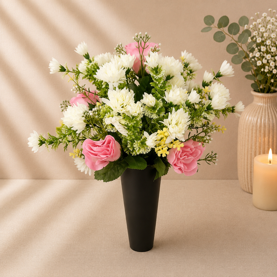 Grave Spike - Ivory Chrysanthemuns and Pink Roses