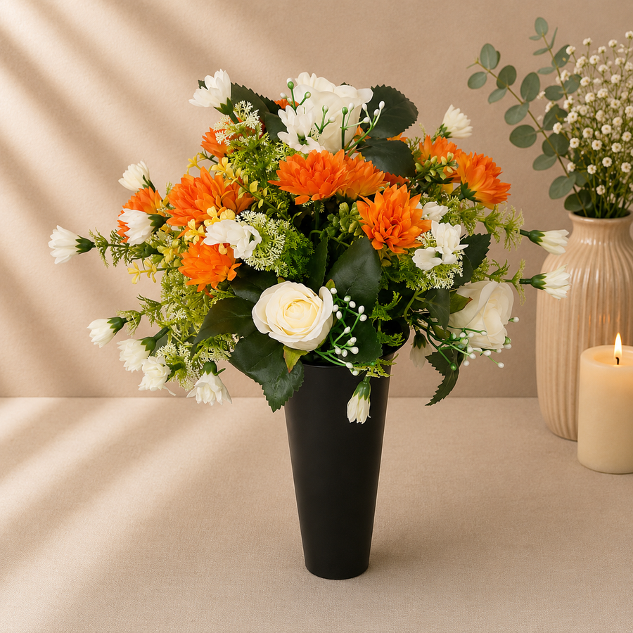 Grave Spike - Orange Chrysanthemuns and Ivory Roses