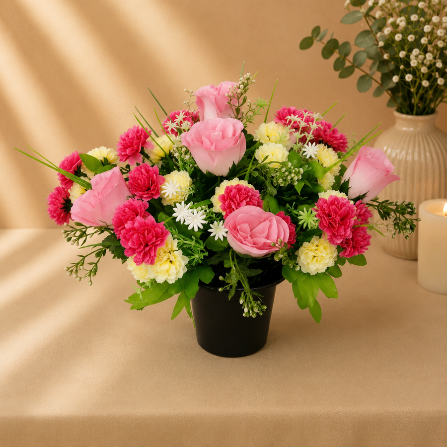 Grave Pot - Cerise Chrysanthemuns and Pink Roses