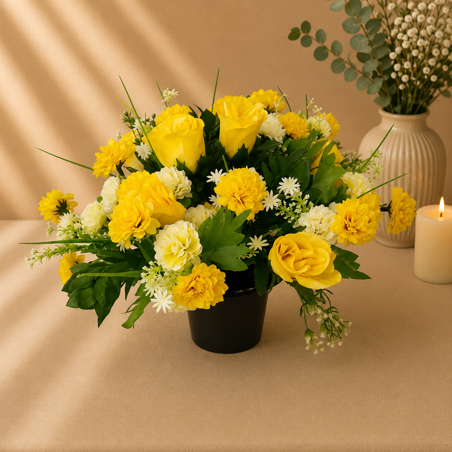 Grave Pot - Yellow Chrysanthemuns and Yellow Roses
