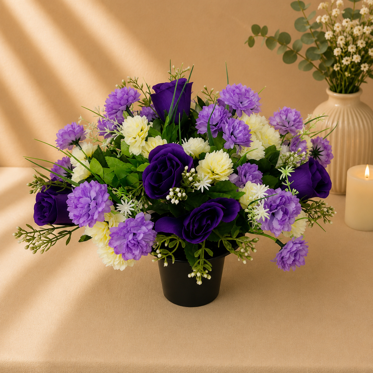 Grave Pot - Purple Chrysanthemuns and Purple Roses
