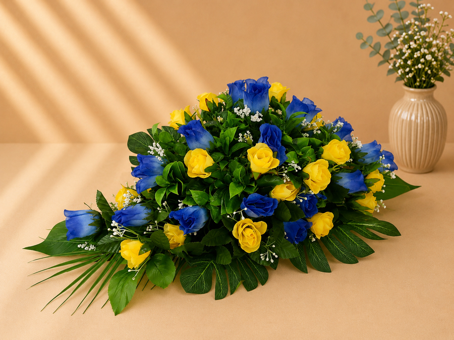 Coffin Spray - Royal Blue and Yellow Roses