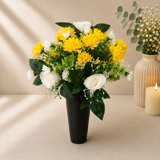 Grave Spike - Yellow Chrysanthemuns and Ivory Roses