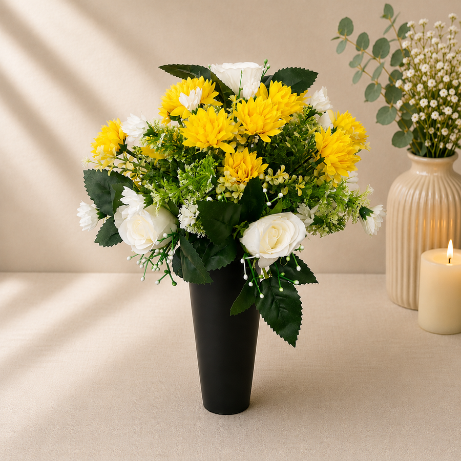 Grave Spike - Yellow Chrysanthemuns and Ivory Roses