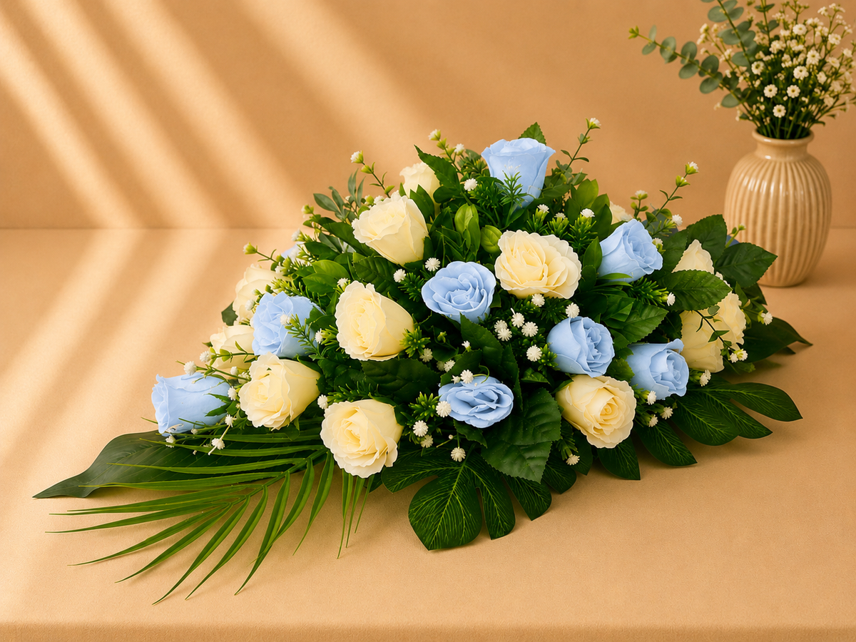 Coffin Spray - Baby Blue and Ivory Roses