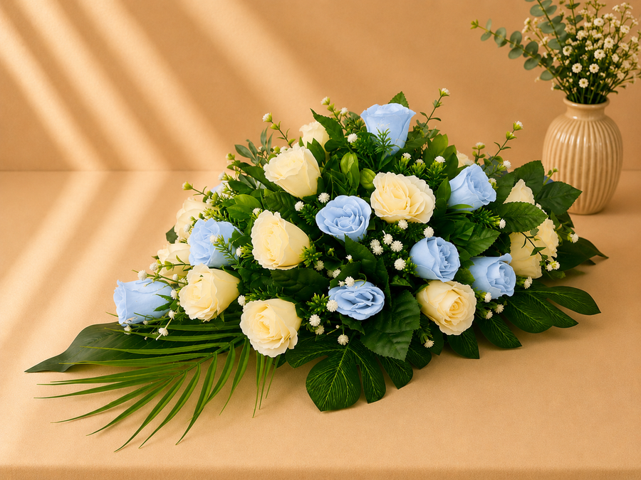 Coffin Spray - Baby Blue and Ivory Roses