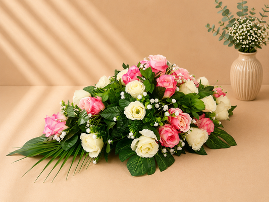 Coffin Spray - Pink and Ivory Roses