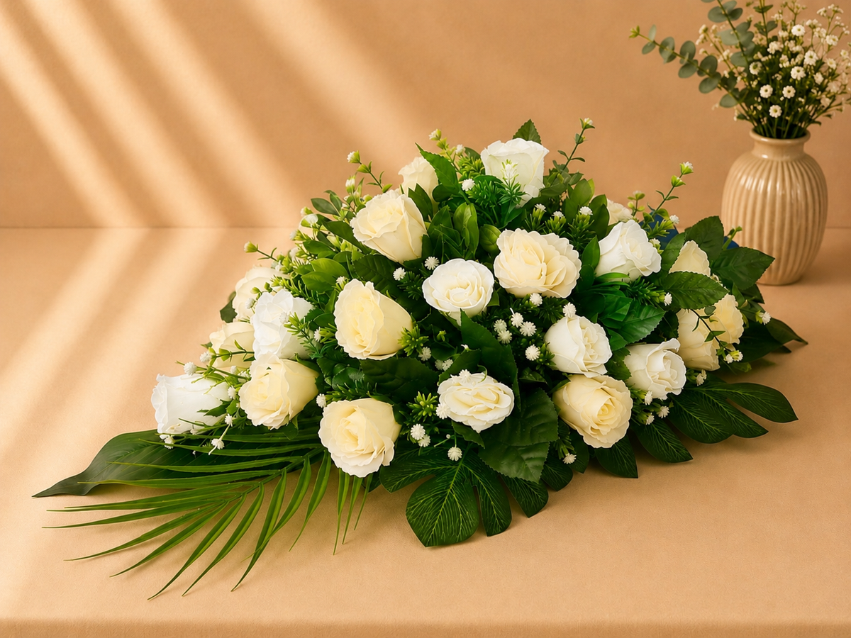 Coffin Spray - White and Ivory Roses
