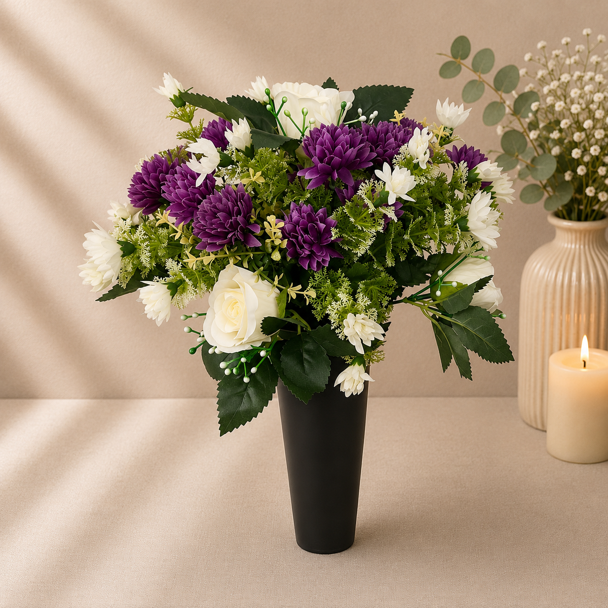Grave Spike - Purple Chrysanthemuns and Ivory Roses