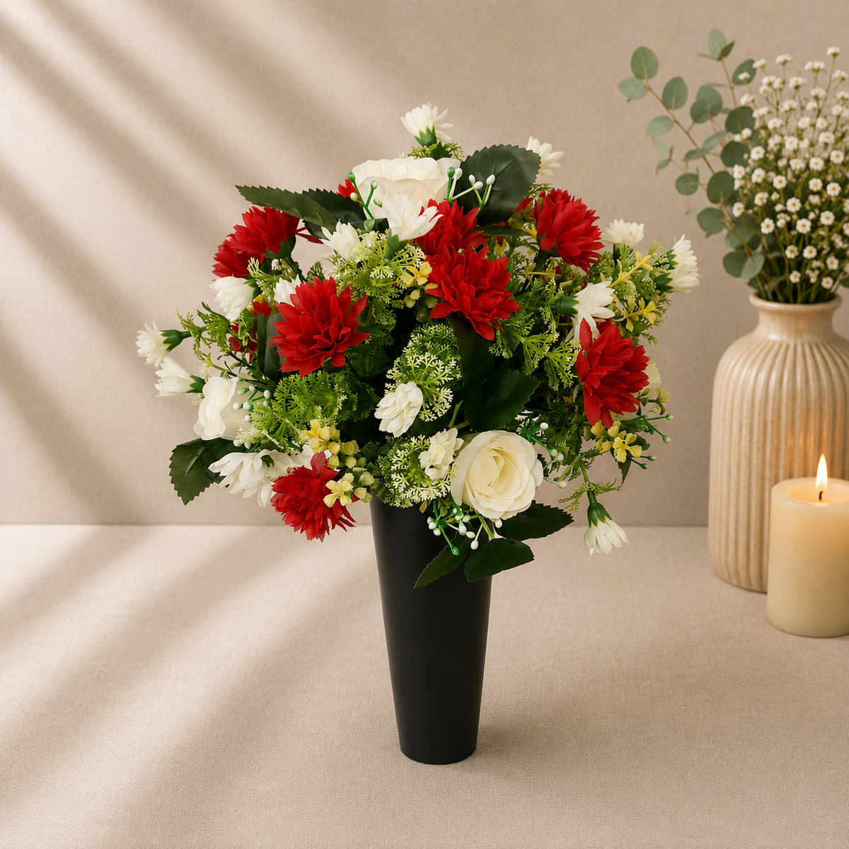 Grave Spike - Red Chrysanthemuns and Ivory Roses