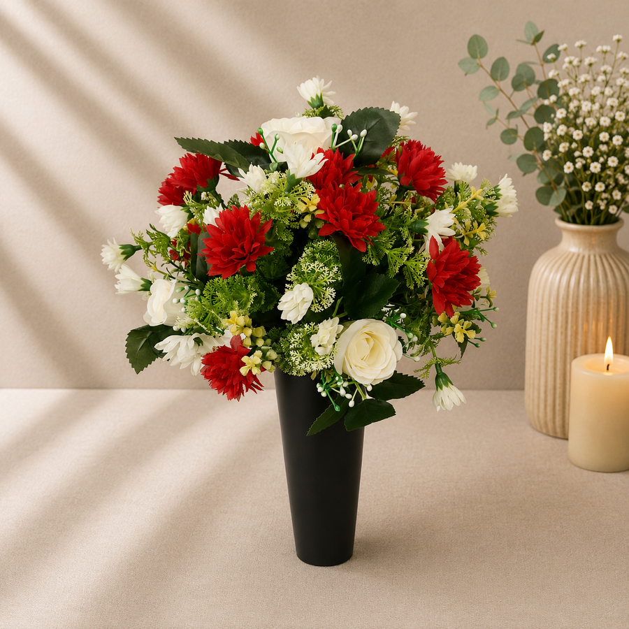 Grave Spike - Red Chrysanthemuns and Ivory Roses