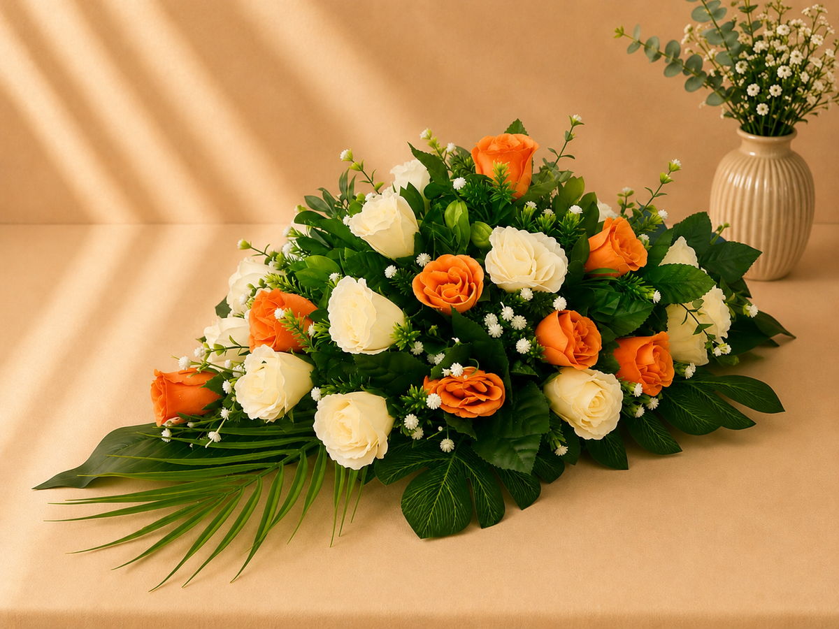 Coffin Spray - Orange and Ivory Roses